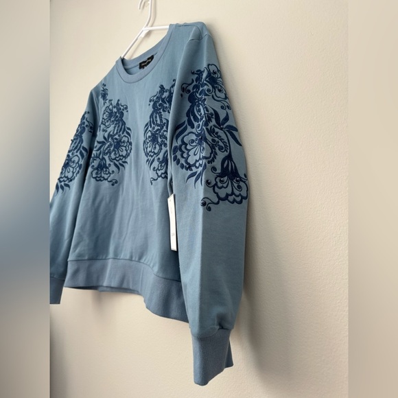 Floral Embroidery Women's Long Sleeve Sweatshirt Pullover Blue Top (new) - Picture 3 of 8